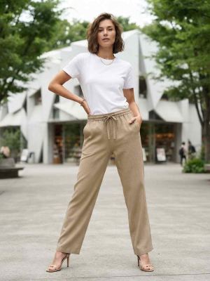 Pantalon long femme jambe droite décontracté