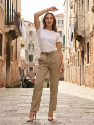 Pantalon femme casual, jambe droite, cordon de serrage