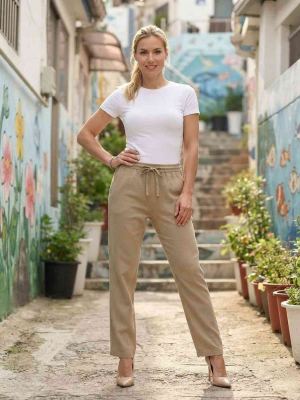 Pantalon long femme, jambe droite, casual sportif, cordon, usage quotidien