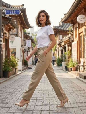 Pantalon décontracté femme jambe droite avec cordon