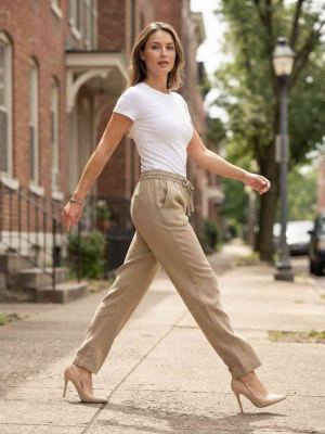 Pantalon long femme, jambe droite, casual sportif, cordon, usage quotidien