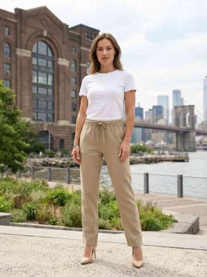 Pantalon long femme casual, jambe droite, sportif, cordon de serrage