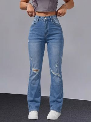 Women Distressed Cuffed Straight Leg Cropped Denim Jeans Stretch Slim Pants For Daily Street Casual Outfits