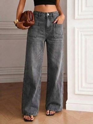 Women Gray High Waist Loose Denim Trousers Front Patch Pockets Soft Washed Casual Daily Straight Wide Leg Jeans