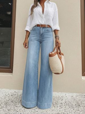 Jean bleu pâle taille haute jambe large casual