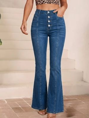 Jean femme taille haute boutonnière évasé stretch rétro