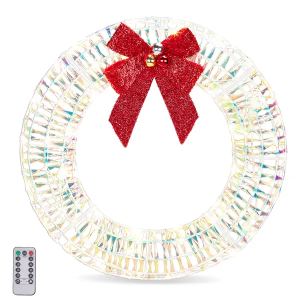 Couronne Noël 24po iridescente, LED blanc chaud, arc rouge