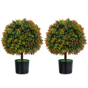 2 boules de buis artificiel 22" + fruits orange, ciment, vert+orange