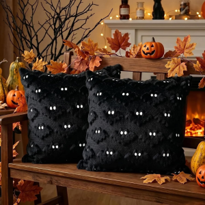 2 housses coussin Halloween chauve-souris peluche noire décor