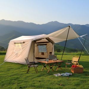 Tente gonflable camping 8 m² avec auvent, pompe manuelle