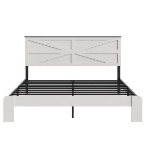 Cadre lit king bois avec tête lit, rangement dessous, blanc