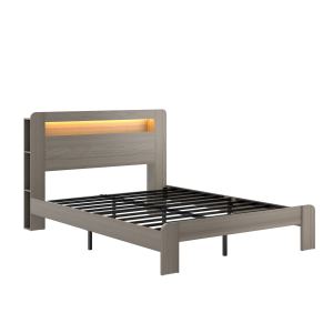 Lit queen avec tête de lit LED, 2 USB, rangement sous le lit