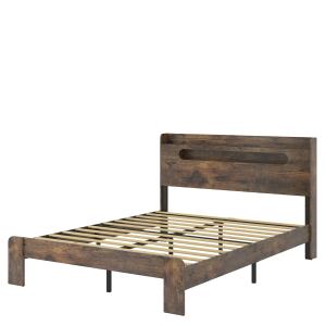 Lit queen bois tête LED rangement USB, brun foncé