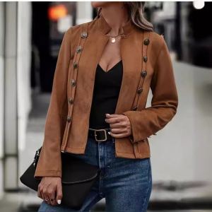 Veste daim couleur unie double boutonnage femme
