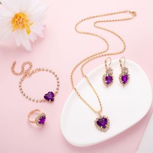 Ensemble 4 pcs strass cœur collier boucles bague bracelet