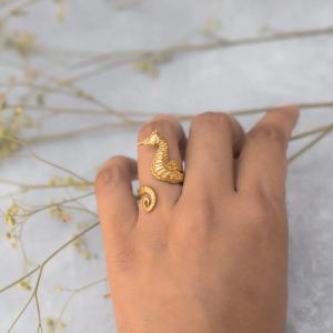 Ocean bague hippocampe or 18K acier inoxydable