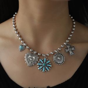 Collier corde cirage turquoise croix vintage