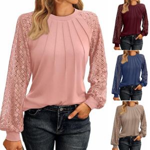 Haut femme col rond dentelle plis manches longues