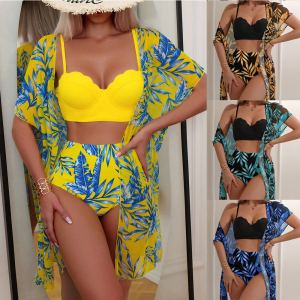 Bikini haute taille maille imprimé feuille d'érable