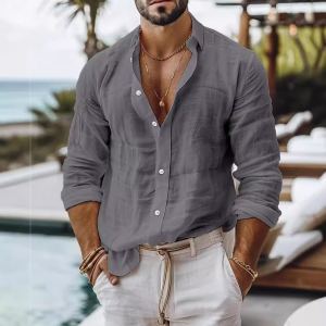Chemise lin coton couleur unie manches longues