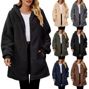 Cardigan à capuche zip peluche ample femme manches longues