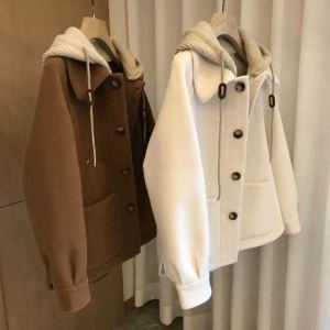 Manteau laine tricotée capuche patchwork hiver pour femmes