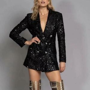 Chemise longue slim col V double boutonnage noir avec paillettes