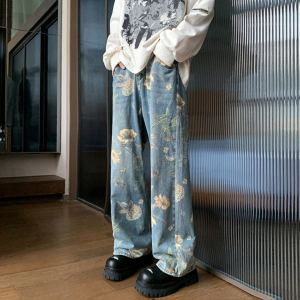 Men's Printed Floral Wide-leg Washed Jeans Mid-waist Straight Pants