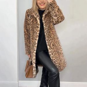 Manteau mi-long peluche léopard automne hiver