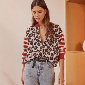 Round Neck Vintage Leopard Print Bristle Contrast Color Sweater Cardigan