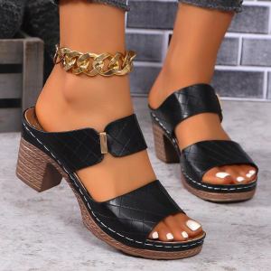 Sandales talons épais femme été bout rond carreaux