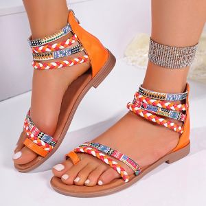 Sandales plates bohème tresse couleur fermeture éclair arrière