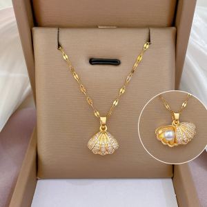 Collier perle coquille strass zircon femme