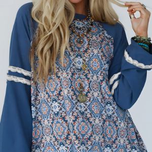 Haut manches raglan bleu géométrique dentelle patchwork