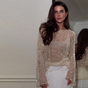 Haut tricoté ajouré paillettes manches longues style casual