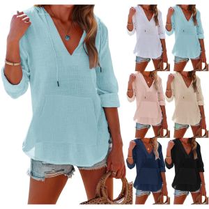Chemise Capuchon Poches Encolure V Sports Manches Longues Fendue Femme