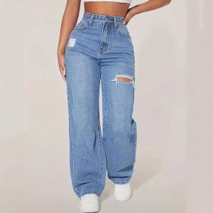 Pantalon en denim délavé troué style européen pour femme