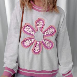 Sweat-shirt Fleur Gris Col Rond Contrastant