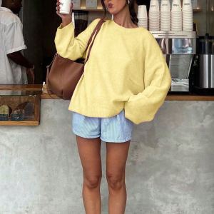 Tricot col rond manches longues jaune femme