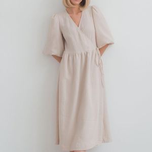V-neck Puff Short Sleeve Lace-up Dress