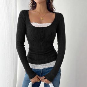 T-shirt femme col rond couture dentelle