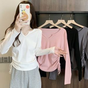 T-shirt femme col V cordon mince cache-ventre