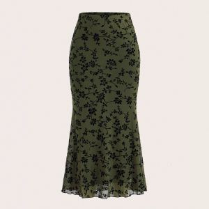 Jupe queue-de-poisson florale vert foncé femme