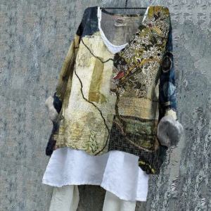 Vintage Japanese Thread Stitching Pattern Women's Linen Shirt