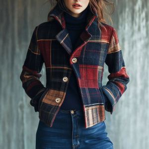 Manteau carreaux rétro col montant automne hiver