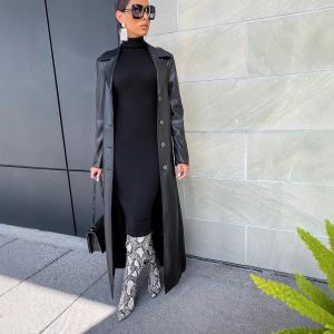 Manteau en cuir long chaud mode boutonnage revers