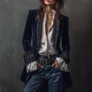 Manteau dentelle pluche couture couleur unie manches longues