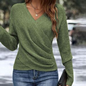 Chandail tricot col V manches longues couleur unie