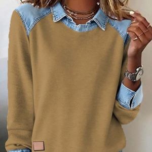 Chandail tricot patchwork col denim manches longues pull-over