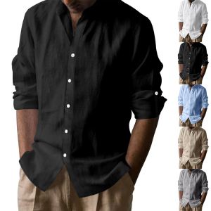 Chemise lin-coton col debout manches longues homme